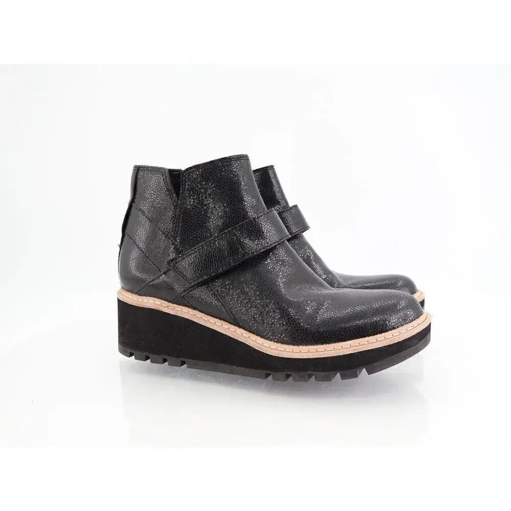 Eileen Fisher Women's Cargo Leather Wedge Booties Size 6 Black Leather Zip Up
